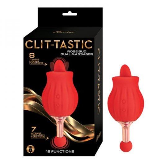 Clit-Tastic Rose Bud Tongue Licking Dual Massager Red | Clitoral Vibrator | Nasstoys | Bodyjoys