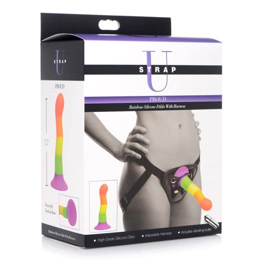 Proud Rainbow Silicone Dildo With Harness | Strap-On Set | XR Brands | Bodyjoys