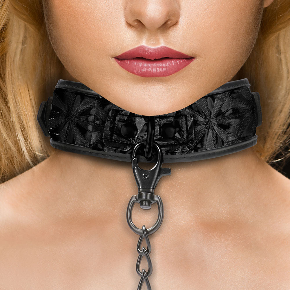 Model Wearing Black Bondage Collar | Bodyjoys