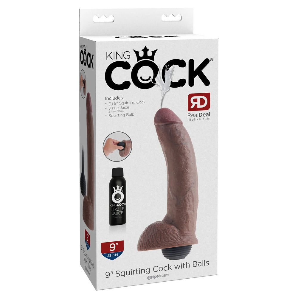King Cock 9 Inch Squirting Cock With Balls Brown | Ejaculating Dildo | Pipedream | Bodyjoys