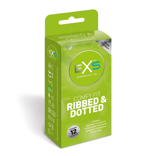 EXS Comfy Fit Ribbed And Dotted Condoms 12 Pack | Ribbed Condom | EXS Condoms | Bodyjoys