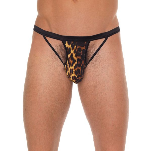 Mens Black G-String With Black Straps To Animal Print Pouch | Sexy Male Underwear | Rimba | Bodyjoys