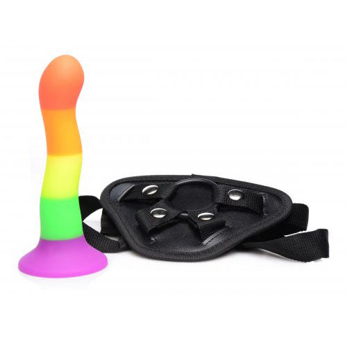 Proud Rainbow Silicone Dildo With Harness | Strap-On Set | XR Brands | Bodyjoys