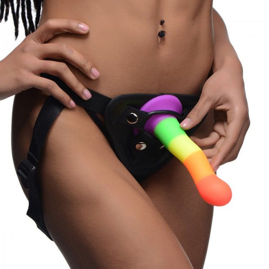 Proud Rainbow Silicone Dildo With Harness | Strap-On Set | XR Brands | Bodyjoys
