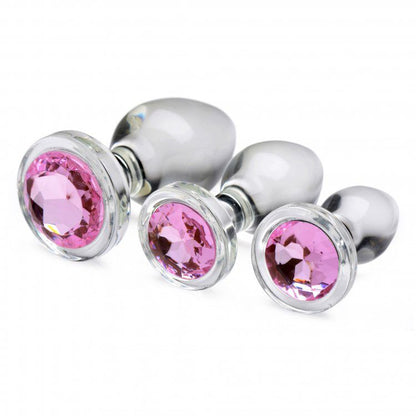 Gem Glass Anal Plug Set Pink 3 Pieces | Butt Plug Set | XR Brands | Bodyjoys