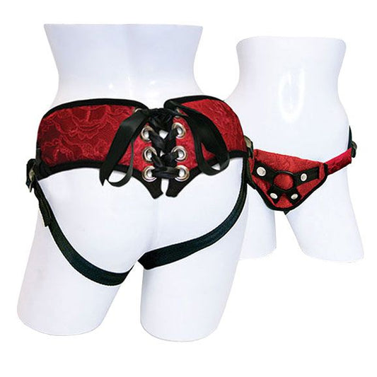 Sportsheets Red Lace With Satin Corset Strap-On | Strap-On Harness | Sportsheets | Bodyjoys