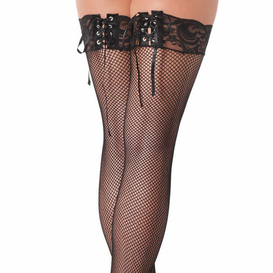 Black Fishnet Stockings With Lace Ribbon Tops | Sexy Stockings | Rimba | Bodyjoys